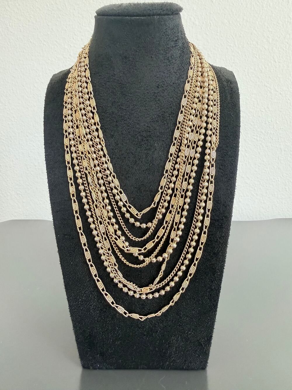 Vintage Lisner necklace multi-strand gold-tone layered textured chain boho bib